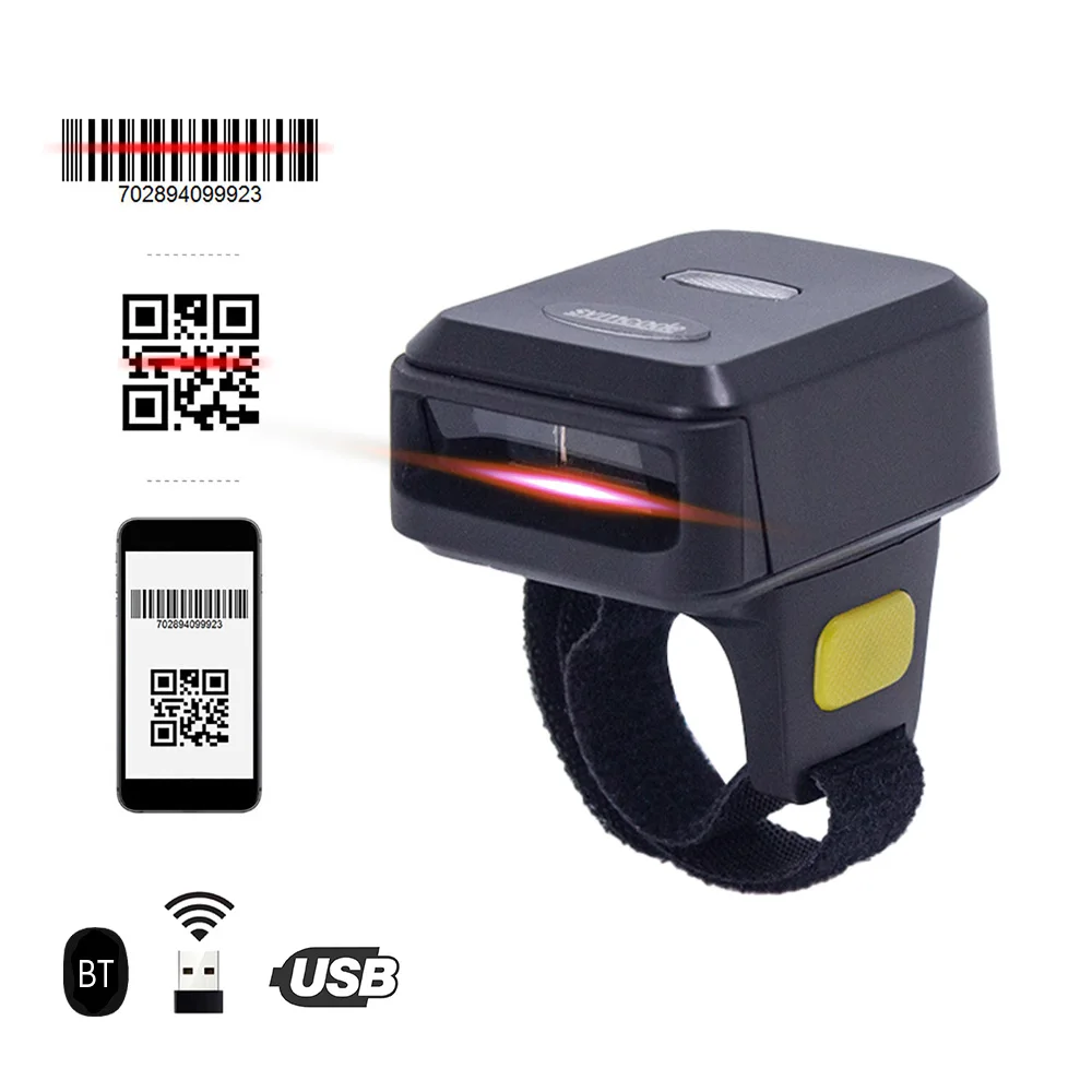 2D сканер штрих-кодов Портативный пальчиковый карманный носимый кольцевой 1D 2D считыватель штрих-кодов с беспроводным и проводным подключением BT + 2.4G Изображение 1