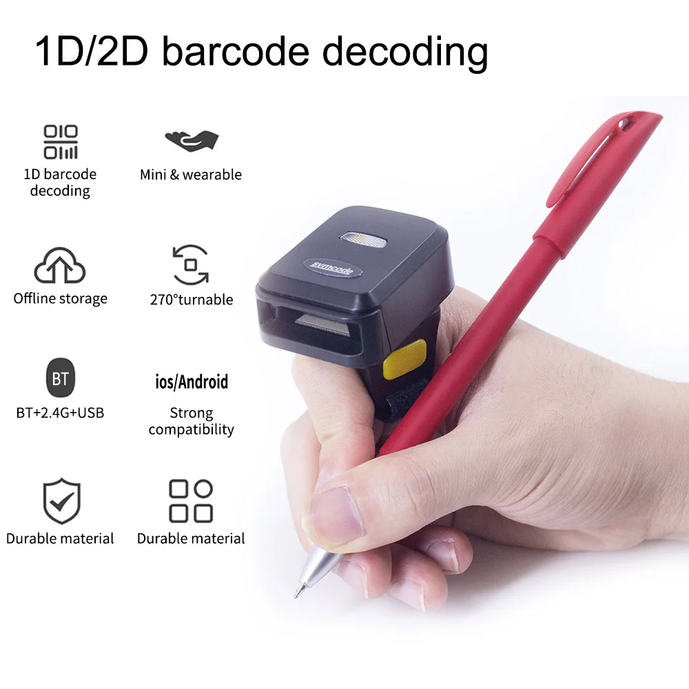 2D сканер штрих-кодов Портативный пальчиковый карманный носимый кольцевой 1D 2D считыватель штрих-кодов с беспроводным и проводным подключением BT + 2.4G Изображение 3