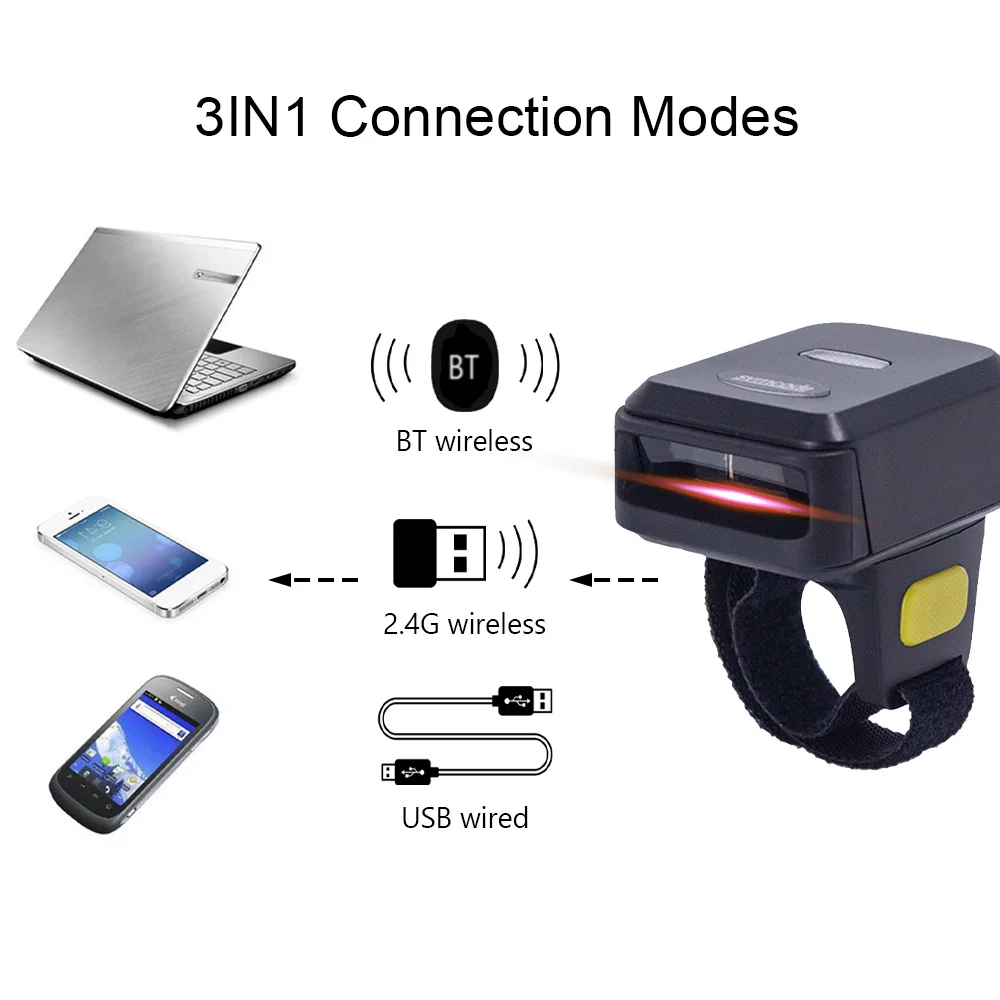 2D сканер штрих-кодов Портативный пальчиковый карманный носимый кольцевой 1D 2D считыватель штрих-кодов с беспроводным и проводным подключением BT + 2.4G Изображение 5