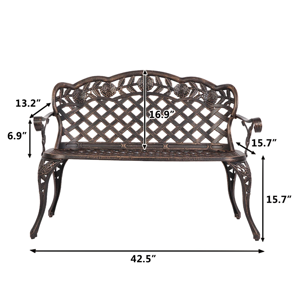 42,5-дюймовая уличная бронзовая садовая мебель для патио, веранда, газон, задний двор, парк, шезлонги, Металлическая алюминиевая скамейка для пары роз Изображение 1