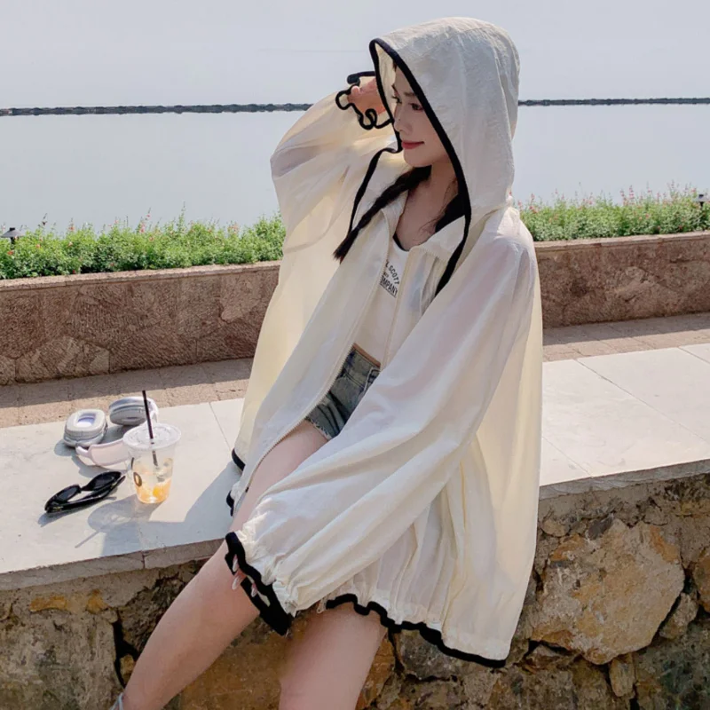 DAYIFUN Модная солнцезащитная куртка с капюшоном, Женские Весенне-летние Тонкие пальто с длинными рукавами, Корейская свободная однотонная солнцезащитная одежда Изображение 2
