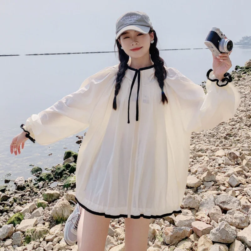 DAYIFUN Модная солнцезащитная куртка с капюшоном, Женские Весенне-летние Тонкие пальто с длинными рукавами, Корейская свободная однотонная солнцезащитная одежда Изображение 3