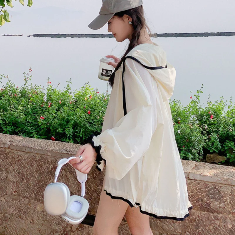 DAYIFUN Модная солнцезащитная куртка с капюшоном, Женские Весенне-летние Тонкие пальто с длинными рукавами, Корейская свободная однотонная солнцезащитная одежда Изображение 4
