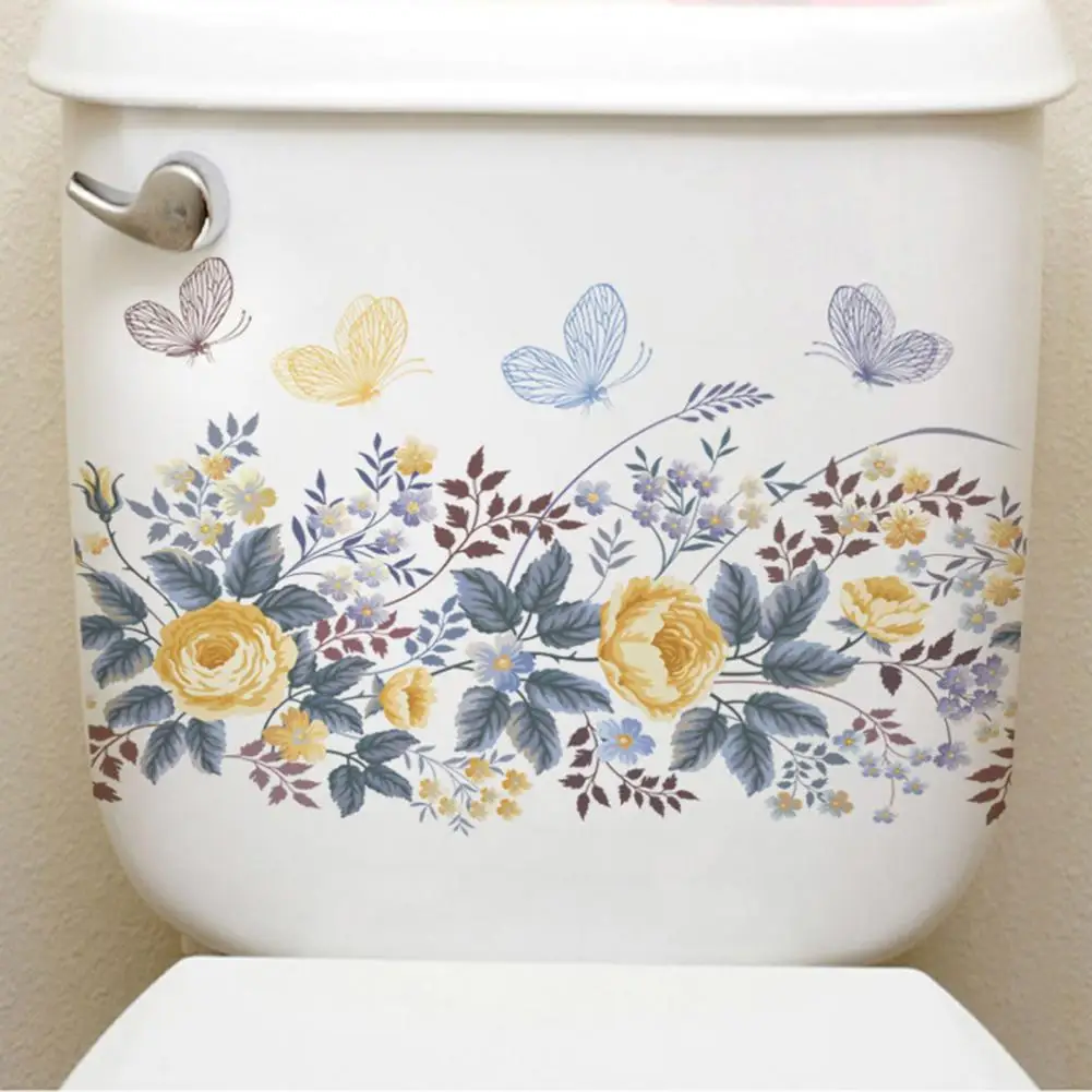 Долговечная наклейка для декора туалета, цветочная наклейка для туалета, водонепроницаемый ПВХ, цветочные бабочки, красочный цветочный туалет для дома Изображение 0