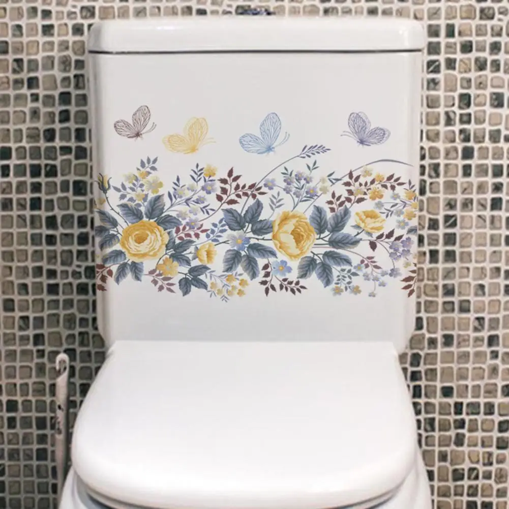 Долговечная наклейка для декора туалета, цветочная наклейка для туалета, водонепроницаемый ПВХ, цветочные бабочки, красочный цветочный туалет для дома Изображение 1