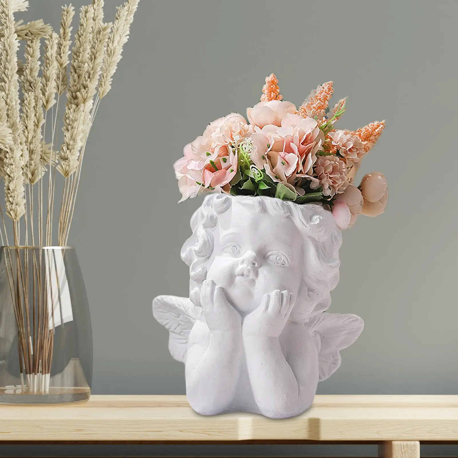 Кашпо ручной работы со статуэткой ангела, Цветочный горшок с дренажным отверстием, Декоративная ваза для цветов Изображение 3