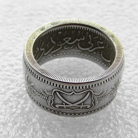 Кольцо ручной работы из 90% серебра от SA (08) AH 1346 (1928) Саудовская Аравия Копии монет номиналом 1 риал 8-16 размеров Изображение 1
