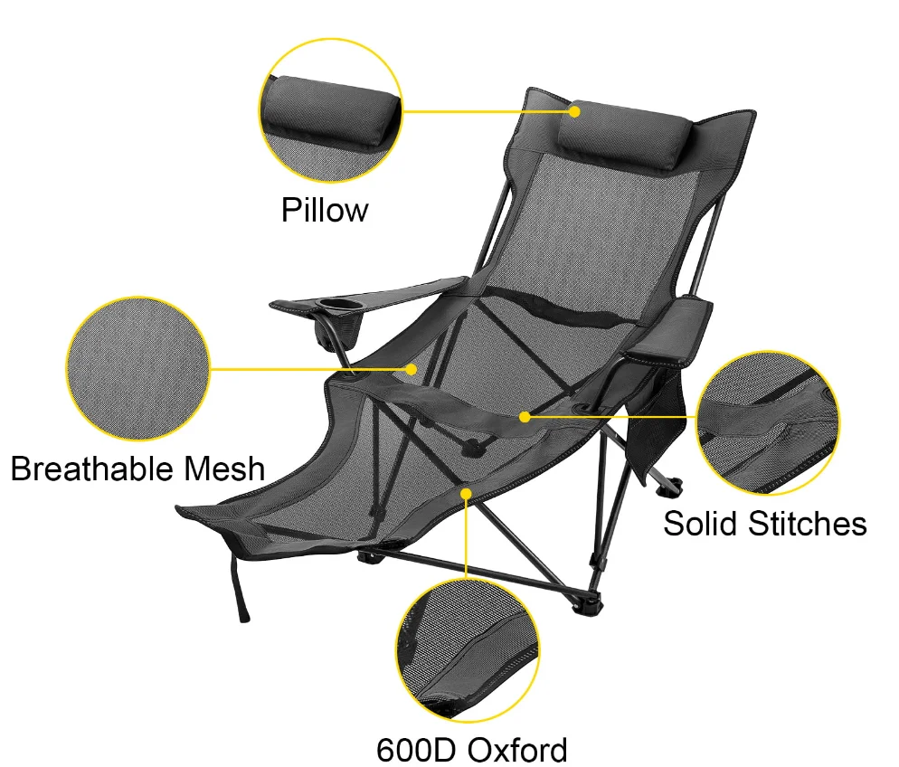 Складной походный стул с подставкой для ног, сетчатый шезлонг с подстаканником и сумкой для хранения, серый, складной, переносной, съемный. Изображение 3