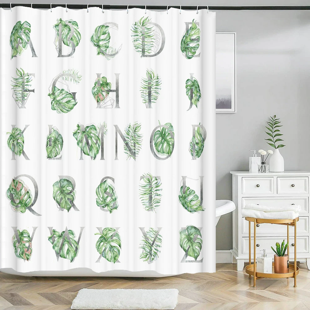 Тропические зеленые растения занавески для душа листья печатных моющиеся ванна занавес водонепроницаемый полиэстер ткань ванная комната занавес с крючками Изображение 1
