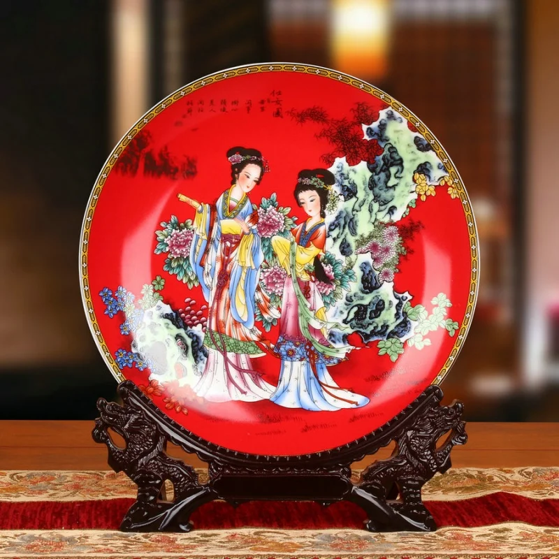 Цзиндэчжэнь Керамическая Эмаль Китайская Красная Сказочная Картина Сидящая Тарелка Цветочный Диск Настенная Тарелка Китайские Бытовые Украшения Изображение 0