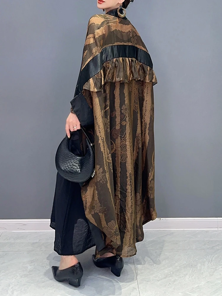 Шикарный полосатый винтажный тренч для женщин с V-образным вырезом, длинным рукавом, открытой строчкой, свободными цветными оборками в стиле пэчворк, осенние пальто для женщин Изображение 1