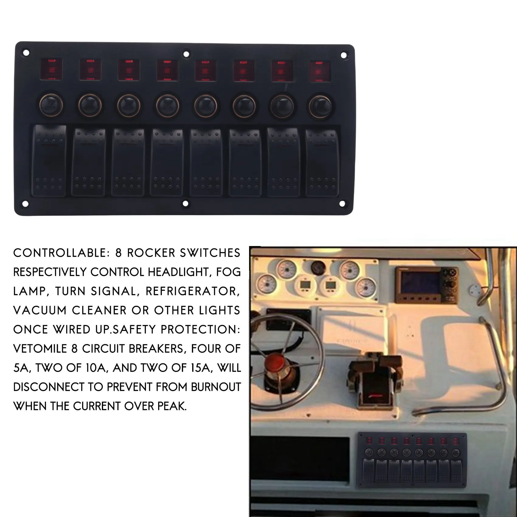 Лодка Автомобиль Морская Кулисная панель переключателя 8 групп 3PIN и автоматический выключатель Защита от перегрузки Водонепроницаемая Светодиодная панель переключателя DC12 / 24V ВКЛ. Изображение 1